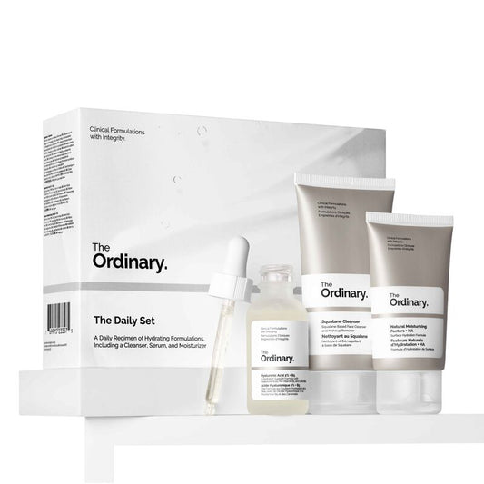 The Ordinary The Daily Set 3-piece essential routine for all skin types including Cleanser, HA Serum, and NMF Moisturizer - Official US Edition.