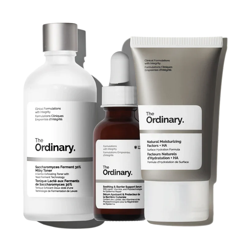 The Ordinary The Sensitive Skin Collection 3-piece complete routine for calming and barrier repair including Milky Toner, Pink Serum, and NMF Moisturizer - Official US Edition.
