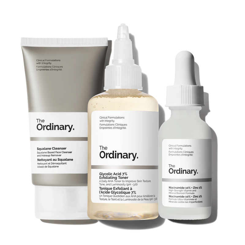 The Ordinary The Smooth Skin Collection 3-piece routine for texture and clarity including Squalane Cleanser, Glycolic Toner, and Niacinamide - Official US Edition.