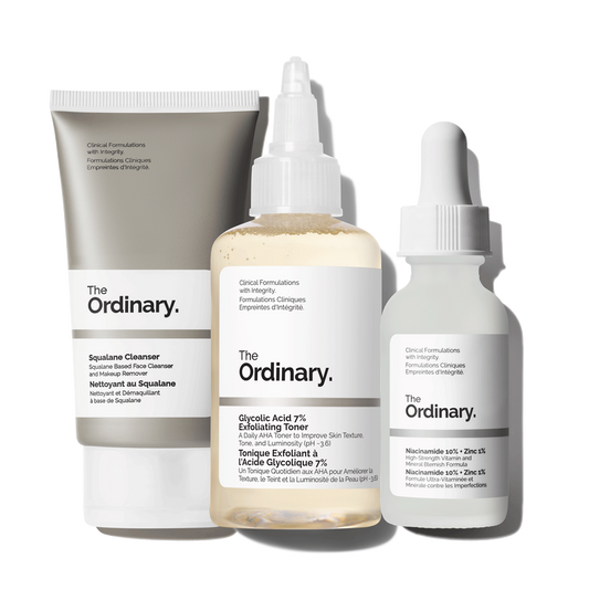 The Ordinary The Smooth Skin Collection 3-piece routine for texture and clarity including Squalane Cleanser, Glycolic Toner, and Niacinamide - Official US Edition.
