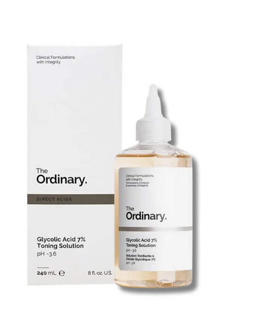 The Ordinary Glycolic Acid 7% Exfoliating Toner 240ml bottle with nozzle for advanced daily chemical resurfacing - Official US Edition.