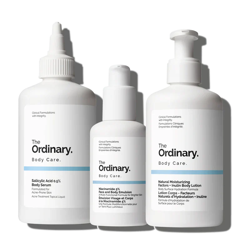 The Ordinary The Body Care Collection 3-step regimen for body clarity, tone, and hydration including Cleanser, BHA Serum, and Niacinamide Emulsion - Official US Edition.