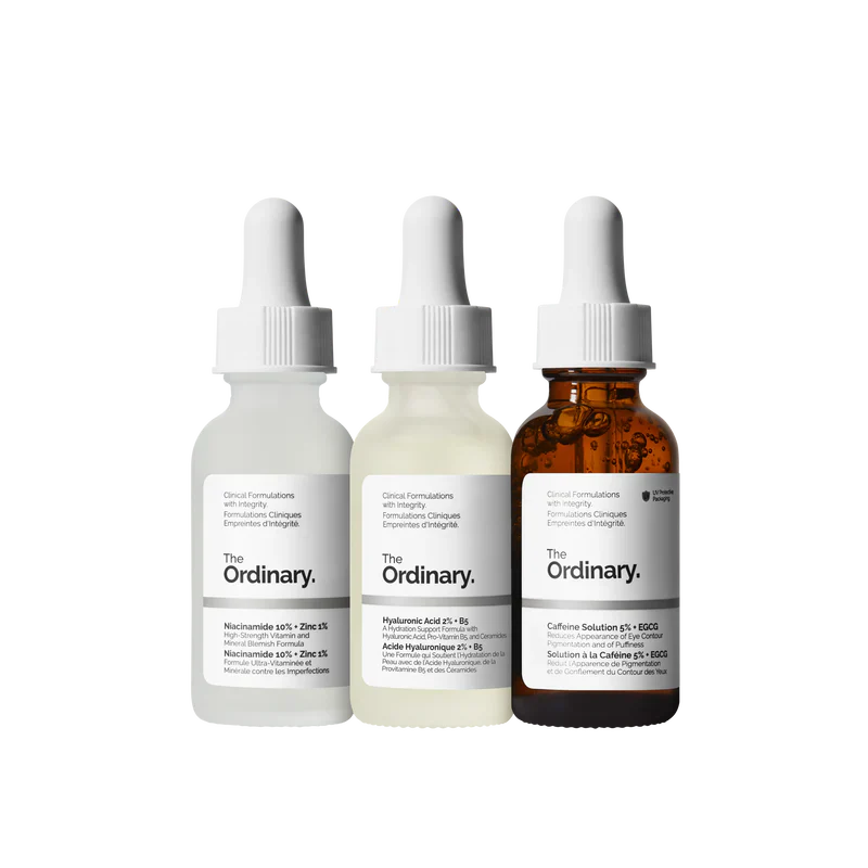 The Ordinary The Most Loved Collection 3-piece full-size regimen including Niacinamide, HA Serum, and Caffeine Eye Solution - Official US Edition.