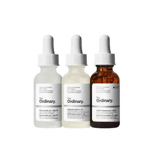 The Ordinary The Most Loved Collection 3-piece full-size regimen including Niacinamide, HA Serum, and Caffeine Eye Solution - Official US Edition.