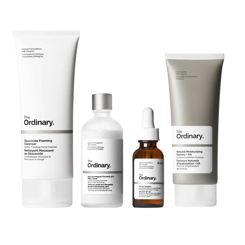 The Ordinary The Refine & Regenerate Collection 4-step complete routine for texture and renewal including Cleanser, Saccharomyces Toner, GF Solution, and NMF - Official US Edition.