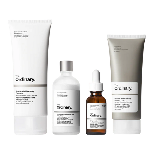 The Ordinary The Refine & Regenerate Collection 4-step complete routine for texture and renewal including Cleanser, Saccharomyces Toner, GF Solution, and NMF - Official US Edition.