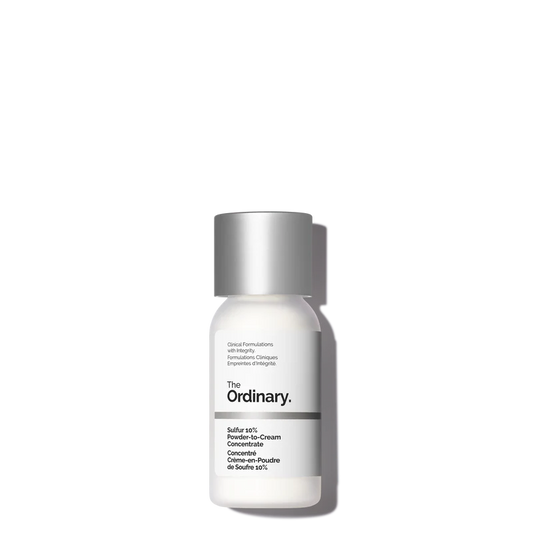 The Ordinary Sulfur 10% Powder to Cream Concentrate 15g jar showing the fine powder texture for fast-acting acne treatment - Official US Edition.