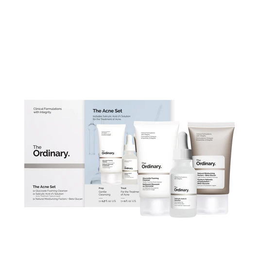 The Ordinary The Acne Set 3-step regimen for clear skin including Glucoside Cleanser, Salicylic Acid 2%, and NMF + Beta Glucan - Official US Edition.