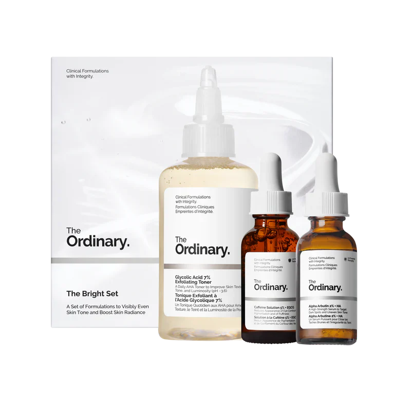The Ordinary The Bright Set 3-piece routine for radiance and bright eyes including Glycolic Toner, Alpha Arbutin, and Caffeine Solution - Official US Edition.