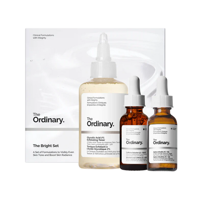 The Ordinary The Bright Set 3-piece routine for radiance and bright eyes including Glycolic Toner, Alpha Arbutin, and Caffeine Solution - Official US Edition.