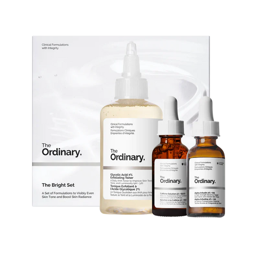 The Ordinary The Bright Set 3-piece routine for radiance and bright eyes including Glycolic Toner, Alpha Arbutin, and Caffeine Solution - Official US Edition.