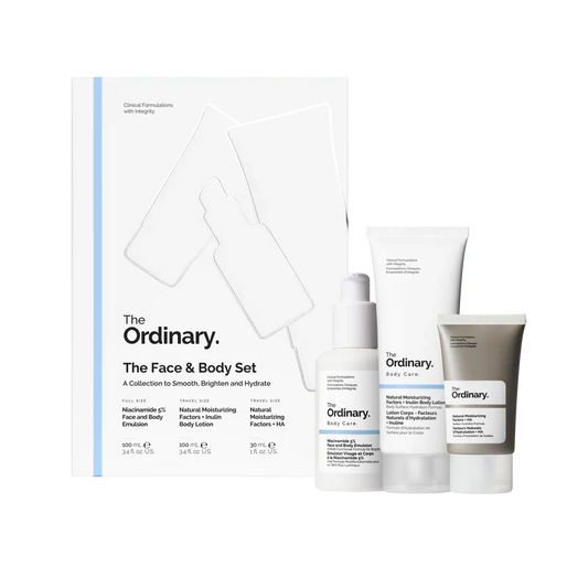 The Ordinary The Face & Body Set 3-piece complete routine for dark spots, even tone, and full-body hydration including Niacinamide, Squalane, and NMF Body Lotion - Official US Edition.