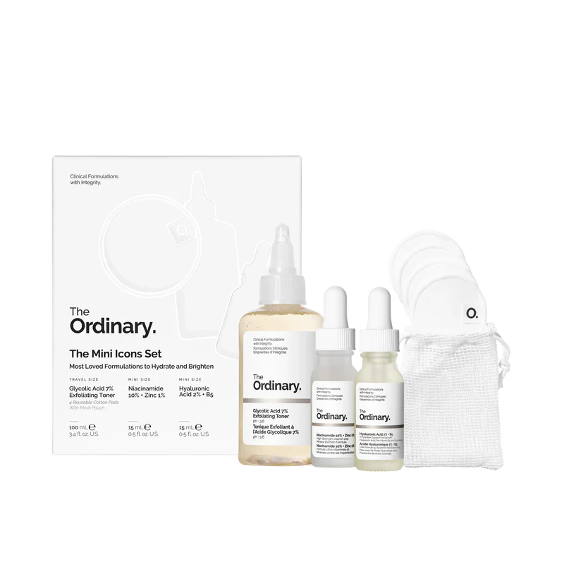 The Ordinary The Mini Icons Set 3-piece essential routine including Glycolic Toner, Niacinamide, and HA Serum with reusable cotton pads - Official US Edition.