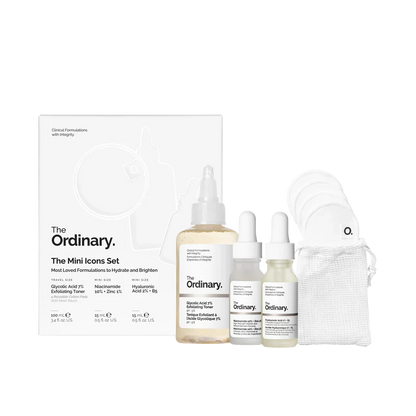The Ordinary The Mini Icons Set 3-piece essential routine including Glycolic Toner, Niacinamide, and HA Serum with reusable cotton pads - Official US Edition.