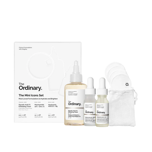 The Ordinary The Mini Icons Set 3-piece essential routine including Glycolic Toner, Niacinamide, and HA Serum with reusable cotton pads - Official US Edition.