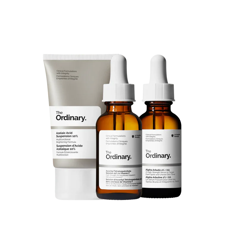 The Ordinary The Uneven Skin Tone Collection 3-piece full-size regimen for hyperpigmentation including Alpha Arbutin, Vitamin C, and Azelaic Acid - Official US Edition.