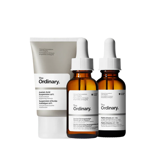 The Ordinary The Uneven Skin Tone Collection 3-piece full-size regimen for hyperpigmentation including Alpha Arbutin, Vitamin C, and Azelaic Acid - Official US Edition.
