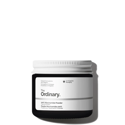 The Ordinary 100% Niacinamide Powder 20g jar with measuring spoon for customizable oil and pore control - Official US Edition.