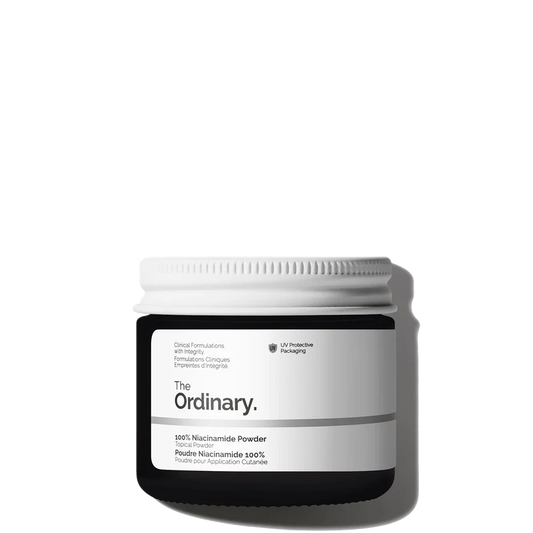 The Ordinary 100% Niacinamide Powder 20g jar with measuring spoon for customizable oil and pore control - Official US Edition.