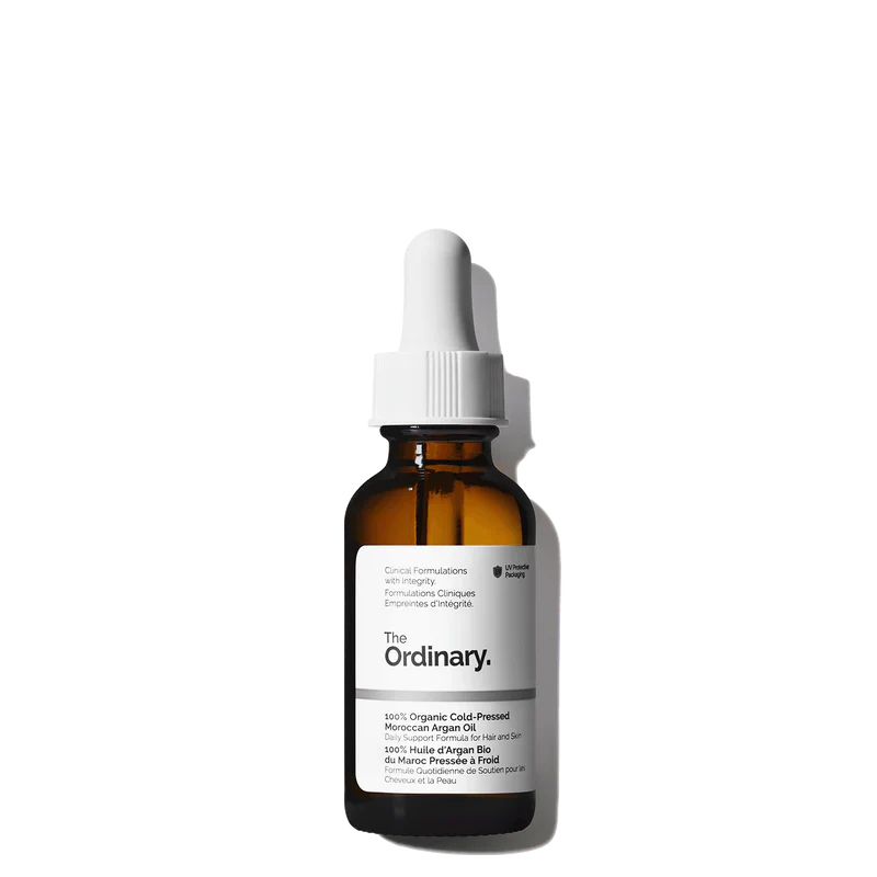 The Ordinary 100% Organic Cold-Pressed Moroccan Argan Oil 30ml bottle for multi-tasking hydration - Official US Edition.