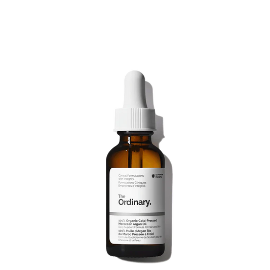 The Ordinary 100% Organic Cold-Pressed Moroccan Argan Oil 30ml bottle for multi-tasking hydration - Official US Edition.