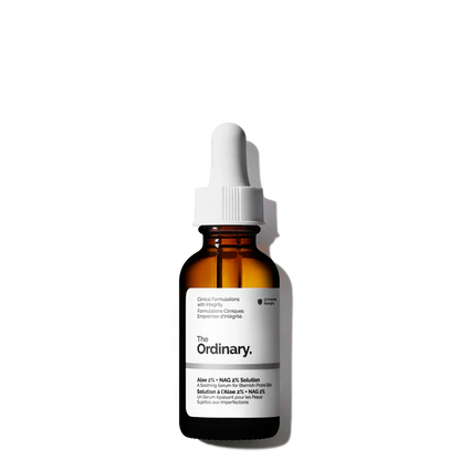 The Ordinary Aloe 2% + NAG 2% Solution 30ml bottle for post-acne marks, redness, and texture treatment - Official US Edition.