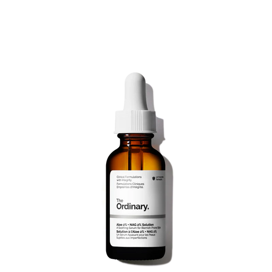The Ordinary Aloe 2% + NAG 2% Solution 30ml bottle for post-acne marks, redness, and texture treatment - Official US Edition.
