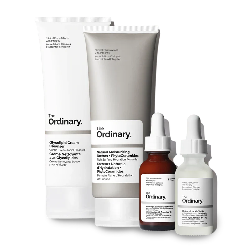 The Ordinary The Barrier Support Collection 4-step regimen for skin SOS and recovery including Pink Serum, Squalane Cleanser, NMF, and Squalane - Official US Edition.