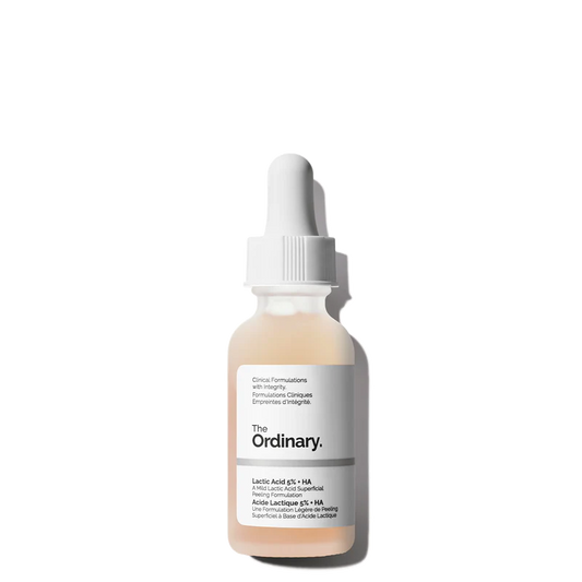 The Ordinary Lactic Acid 5% + HA 30ml bottle for gentle surface exfoliation and hydration - Official US Edition.