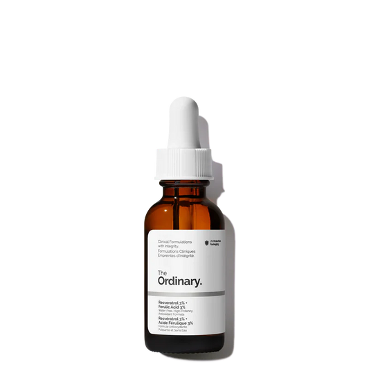The Ordinary Resveratrol 3% + Ferulic Acid 3% 30mL bottle for high-potency antioxidant protection and intensive radiance - Official US Edition.