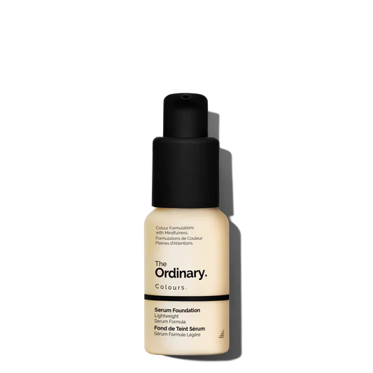 The Ordinary Serum Foundation 30ml bottle for lightweight natural-finish coverage in inclusive shades - Official US Edition.