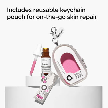 The Ordinary Soothing & Barrier Support Serum Set including the full-size Pink Serum, keychain pouch, and stickers - Official US Edition.